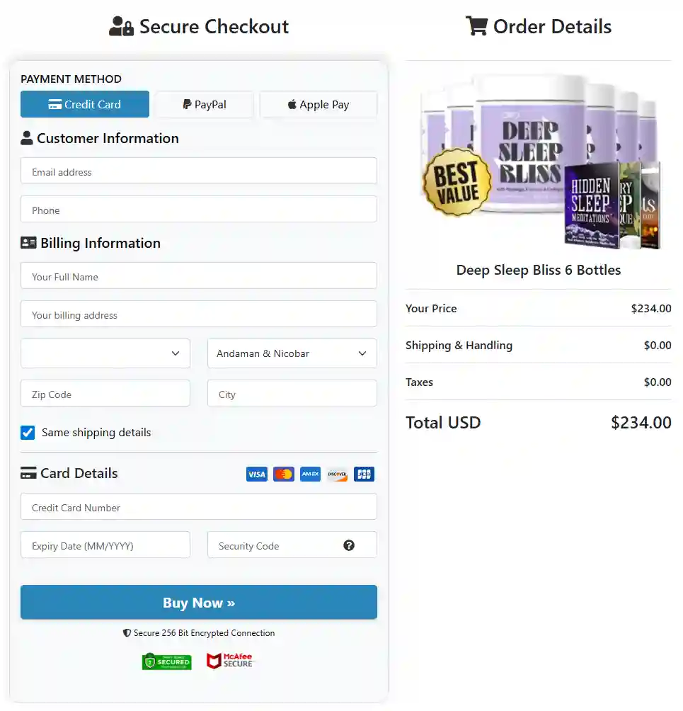 deepsleep bliss official website checkout page – secure online order process